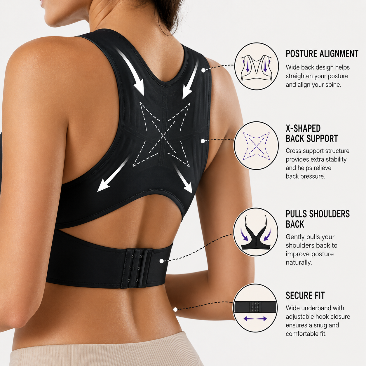 Cross Back Front Closure Wireless Posture Support Bra